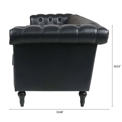 83.66 PU Leather Square Arm 3-Seater Sofa with Removable Cushions, Pocket Spring Support, and Studded Trim