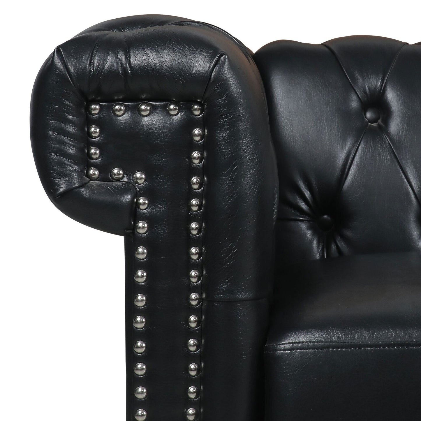 83.66 PU Leather Square Arm 3-Seater Sofa with Removable Cushions, Pocket Spring Support, and Studded Trim