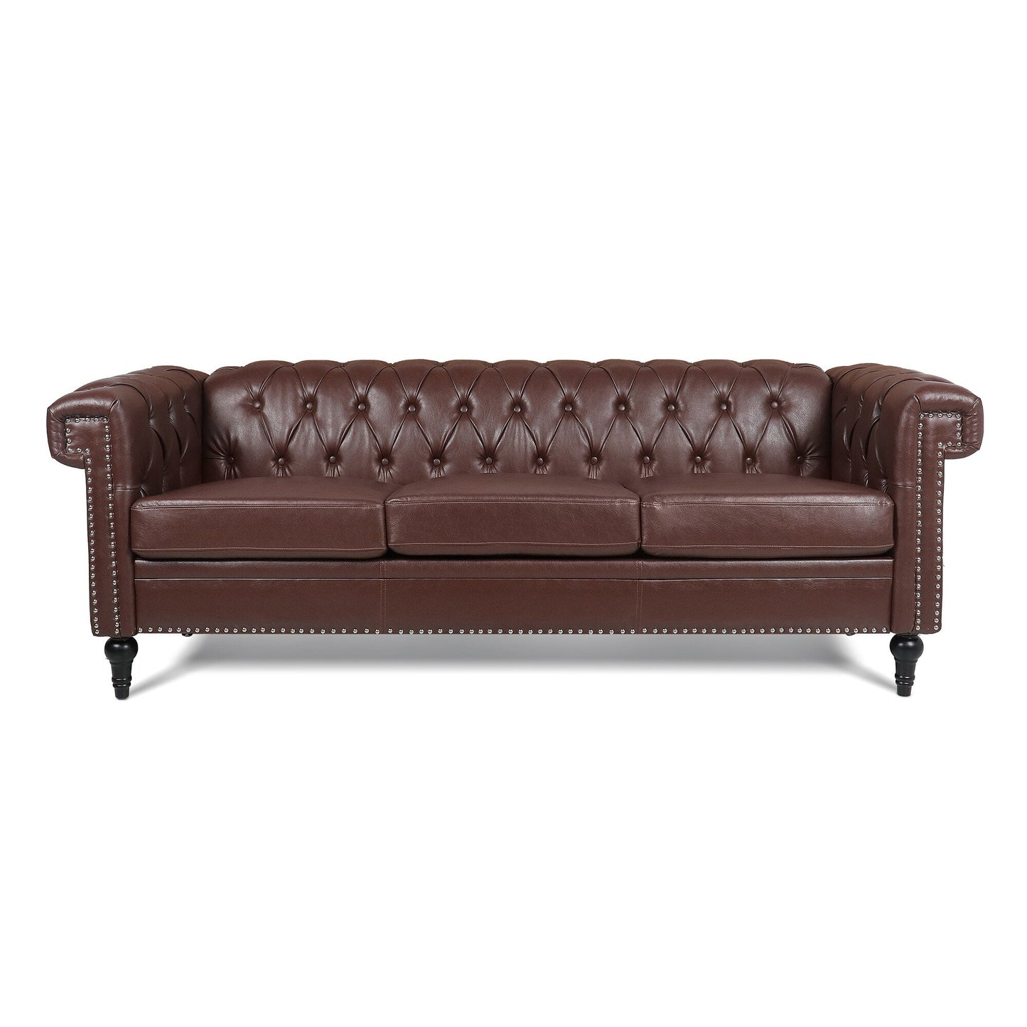 83.66 PU Leather Square Arm 3-Seater Sofa with Removable Cushions, Pocket Spring Support, and Studded Trim