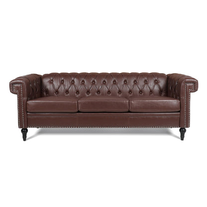 83.66 PU Leather Square Arm 3-Seater Sofa with Removable Cushions, Pocket Spring Support, and Studded Trim