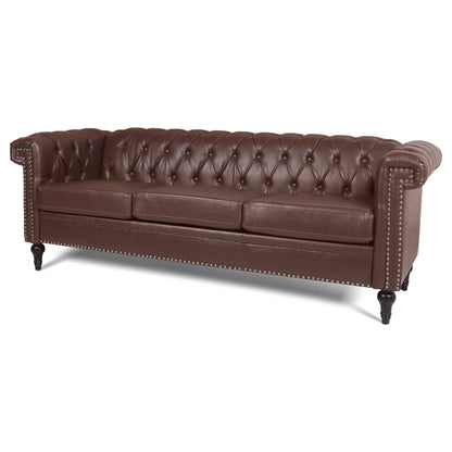 83.66 PU Leather Square Arm 3-Seater Sofa with Removable Cushions, Pocket Spring Support, and Studded Trim