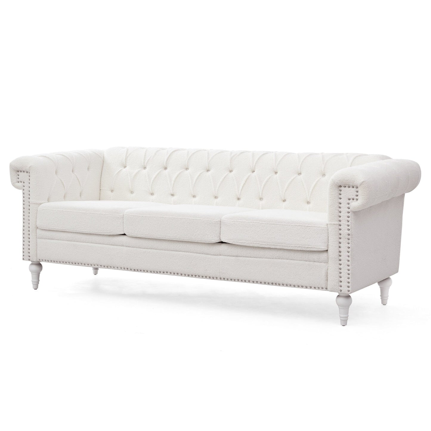 83.66 PU Leather Square Arm 3-Seater Sofa with Removable Cushions, Pocket Spring Support, and Studded Trim