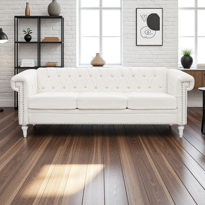 83.66 PU Leather Square Arm 3-Seater Sofa with Removable Cushions, Pocket Spring Support, and Studded Trim
