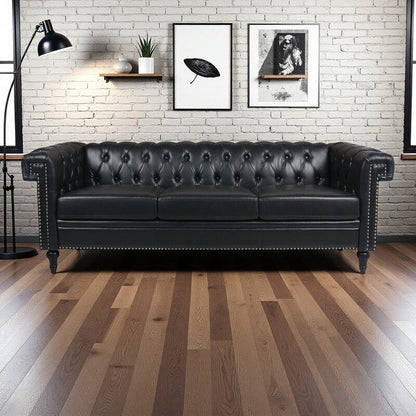 83.66 PU Leather Square Arm 3-Seater Sofa with Removable Cushions, Pocket Spring Support, and Studded Trim