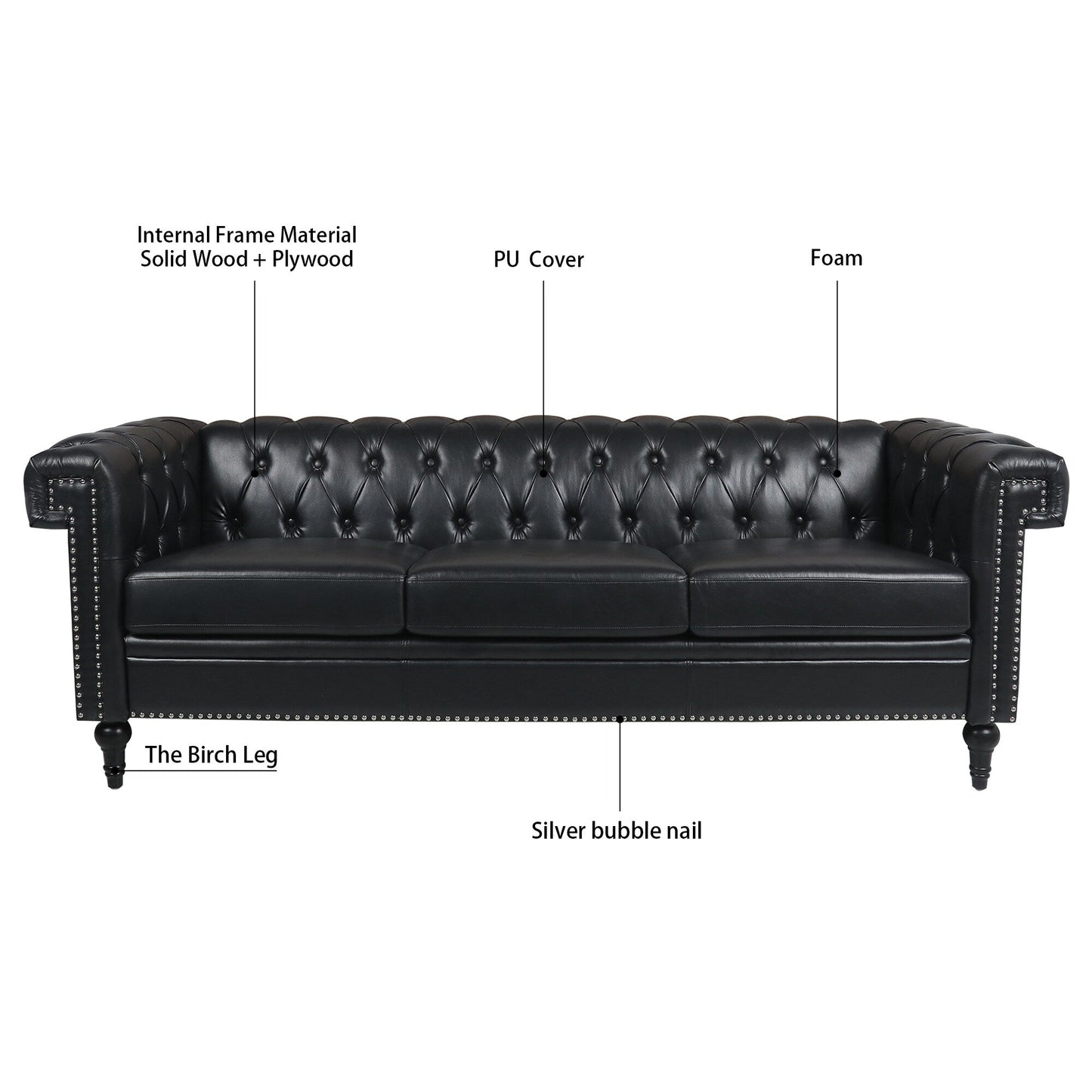 83.66 PU Leather Square Arm 3-Seater Sofa with Removable Cushions, Pocket Spring Support, and Studded Trim