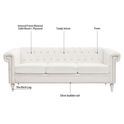83.66 PU Leather Square Arm 3-Seater Sofa with Removable Cushions, Pocket Spring Support, and Studded Trim