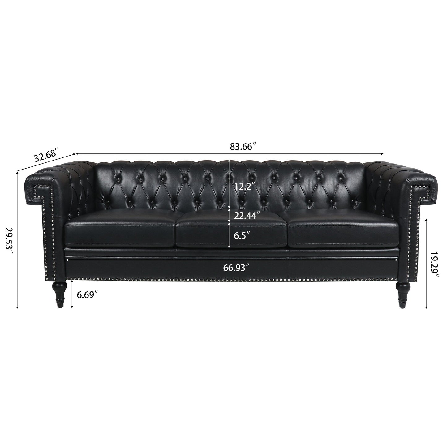 83.66 PU Leather Square Arm 3-Seater Sofa with Removable Cushions, Pocket Spring Support, and Studded Trim