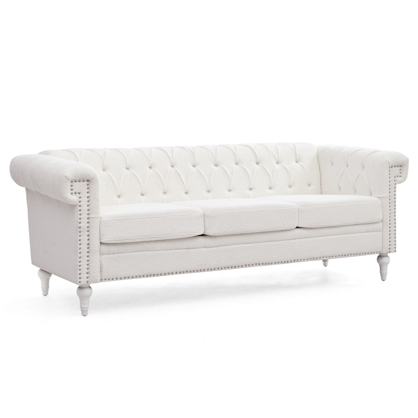 83.66 PU Leather Square Arm 3-Seater Sofa with Removable Cushions, Pocket Spring Support, and Studded Trim