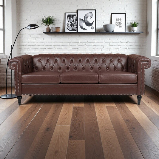 83.66 PU Leather Square Arm 3-Seater Sofa with Removable Cushions, Pocket Spring Support, and Studded Trim