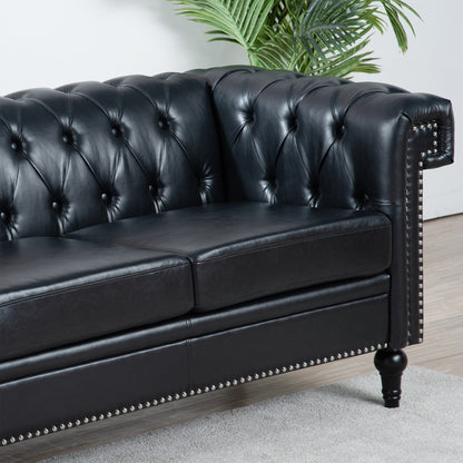 83.66 PU Leather Square Arm 3-Seater Sofa with Removable Cushions, Pocket Spring Support, and Studded Trim
