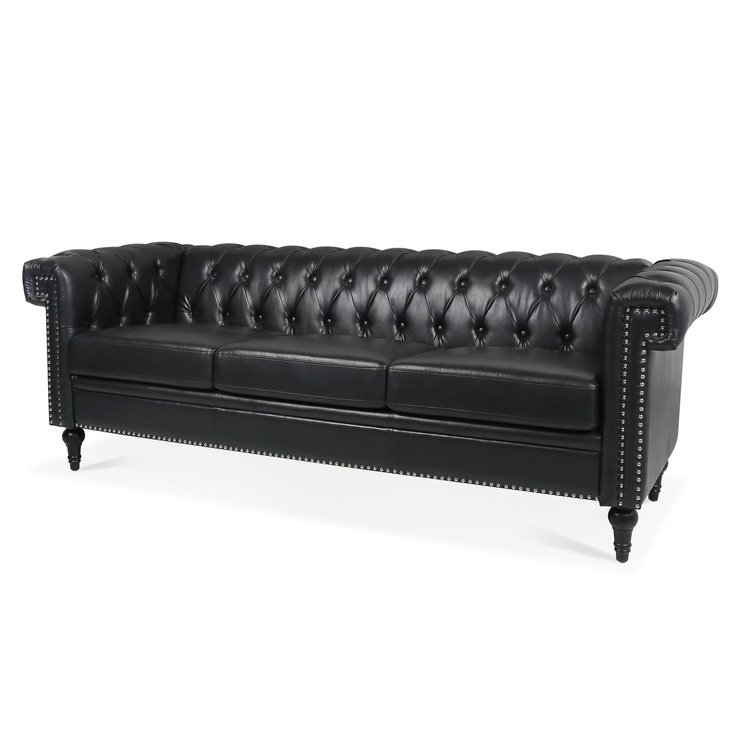 83.66 PU Leather Square Arm 3-Seater Sofa with Removable Cushions, Pocket Spring Support, and Studded Trim