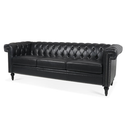 83.66 PU Leather Square Arm 3-Seater Sofa with Removable Cushions, Pocket Spring Support, and Studded Trim