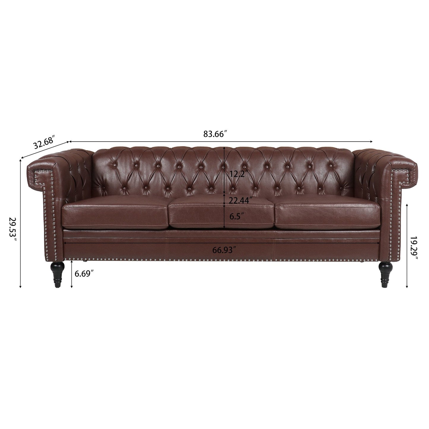 83.66 PU Leather Square Arm 3-Seater Sofa with Removable Cushions, Pocket Spring Support, and Studded Trim