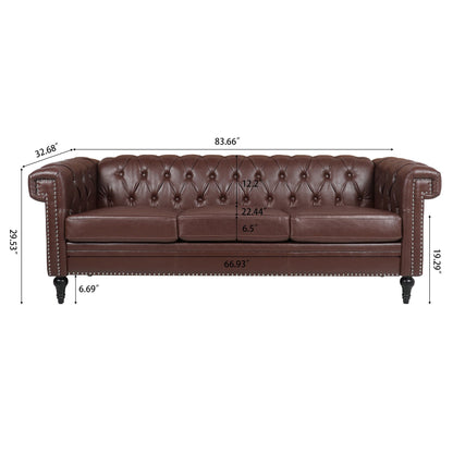 83.66 PU Leather Square Arm 3-Seater Sofa with Removable Cushions, Pocket Spring Support, and Studded Trim