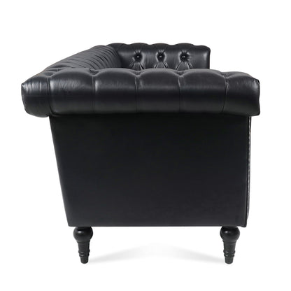 83.66 PU Leather Square Arm 3-Seater Sofa with Removable Cushions, Pocket Spring Support, and Studded Trim