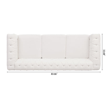 83.66 PU Leather Square Arm 3-Seater Sofa with Removable Cushions, Pocket Spring Support, and Studded Trim