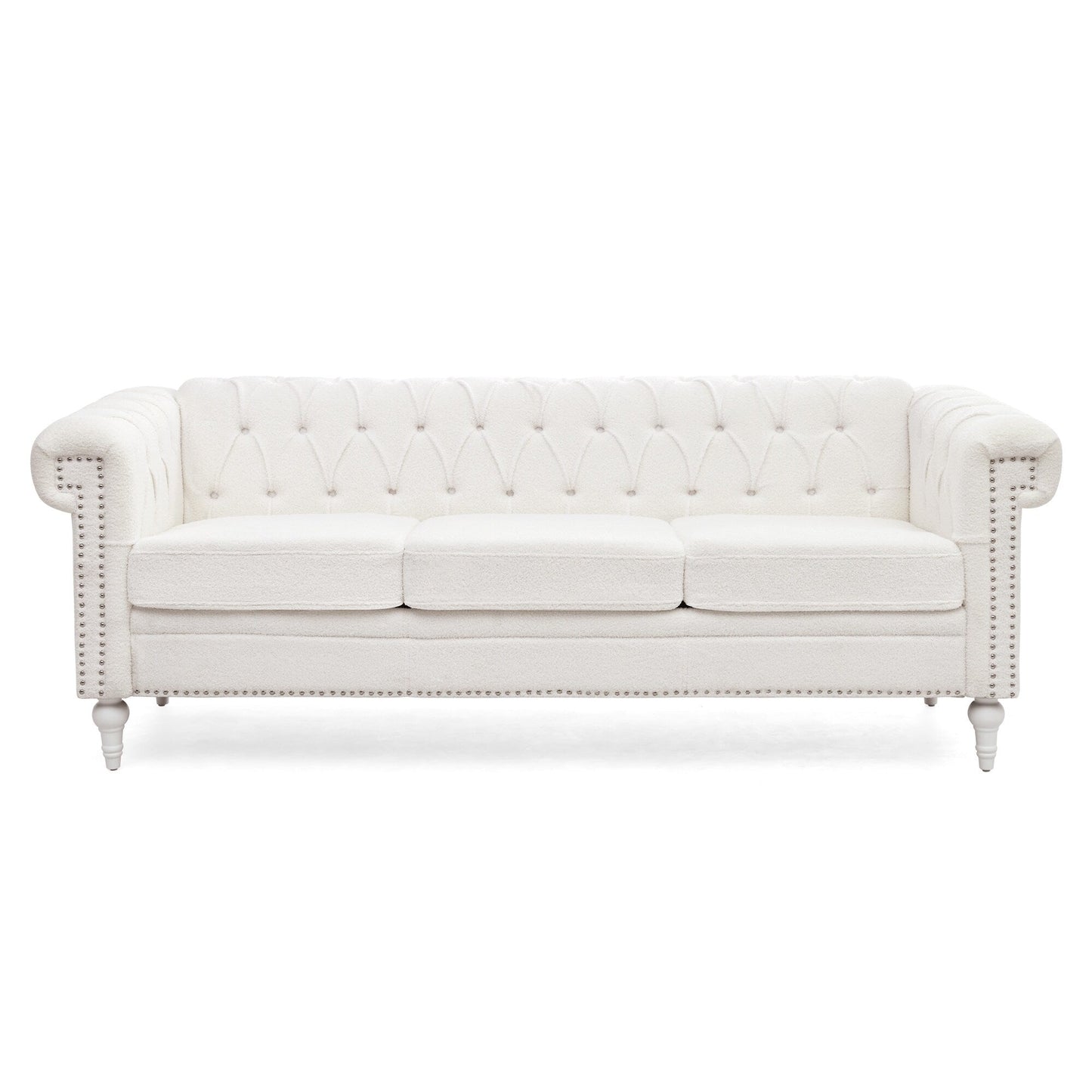 83.66 PU Leather Square Arm 3-Seater Sofa with Removable Cushions, Pocket Spring Support, and Studded Trim