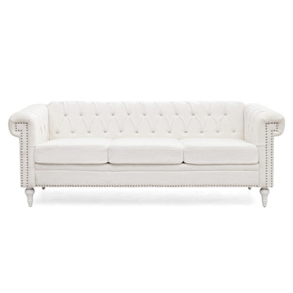 83.66 PU Leather Square Arm 3-Seater Sofa with Removable Cushions, Pocket Spring Support, and Studded Trim