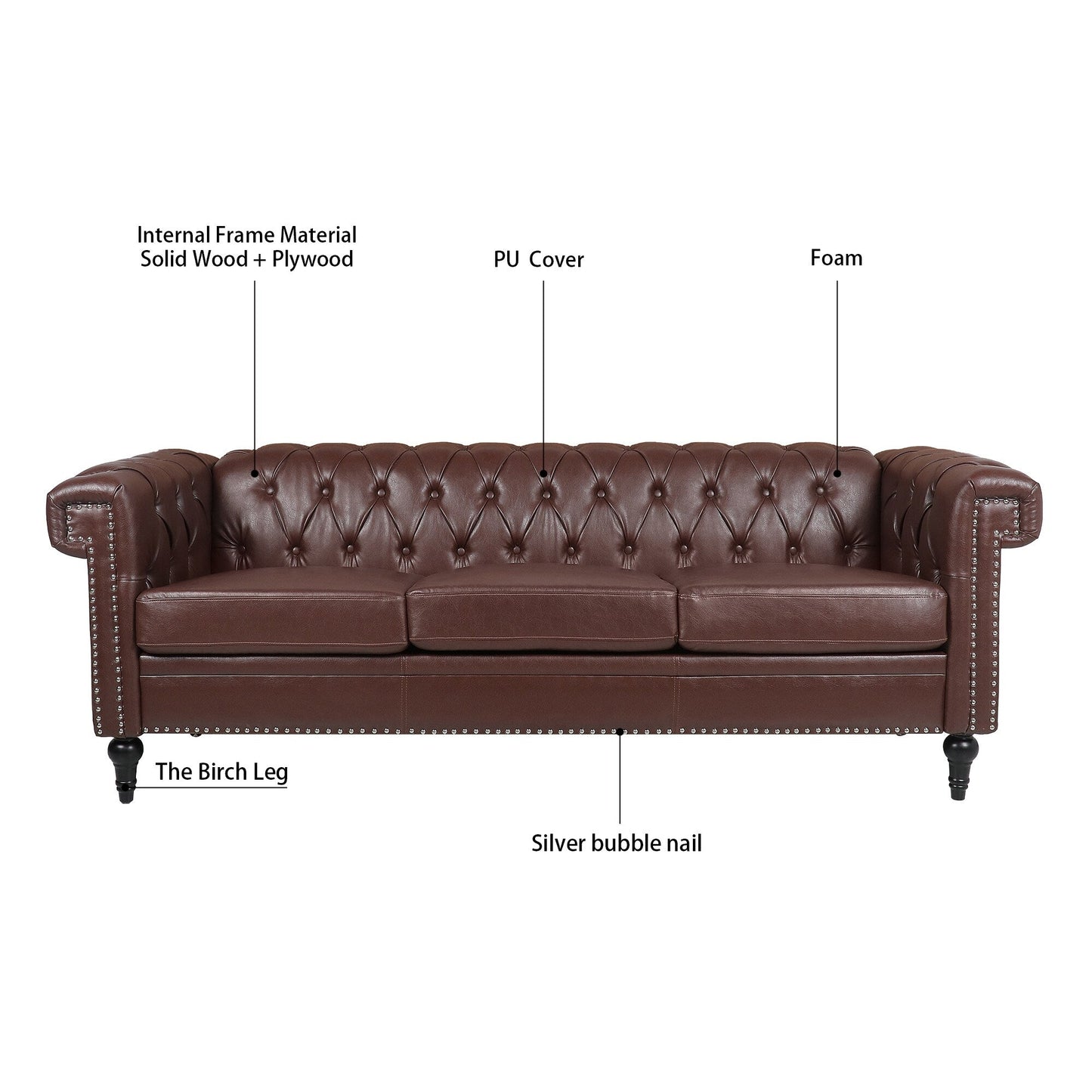 83.66 PU Leather Square Arm 3-Seater Sofa with Removable Cushions, Pocket Spring Support, and Studded Trim