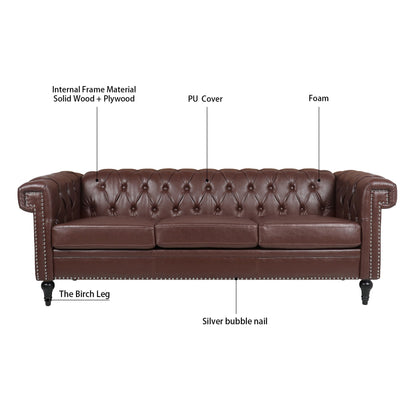 83.66 PU Leather Square Arm 3-Seater Sofa with Removable Cushions, Pocket Spring Support, and Studded Trim