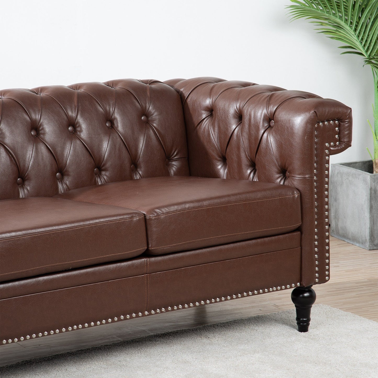 83.66 PU Leather Square Arm 3-Seater Sofa with Removable Cushions, Pocket Spring Support, and Studded Trim