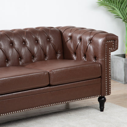 83.66 PU Leather Square Arm 3-Seater Sofa with Removable Cushions, Pocket Spring Support, and Studded Trim