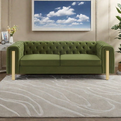 83.75 Velvet 3-Seater Sofa with Tufted Diamond Stitching, Gold Accents, and Iron Legs