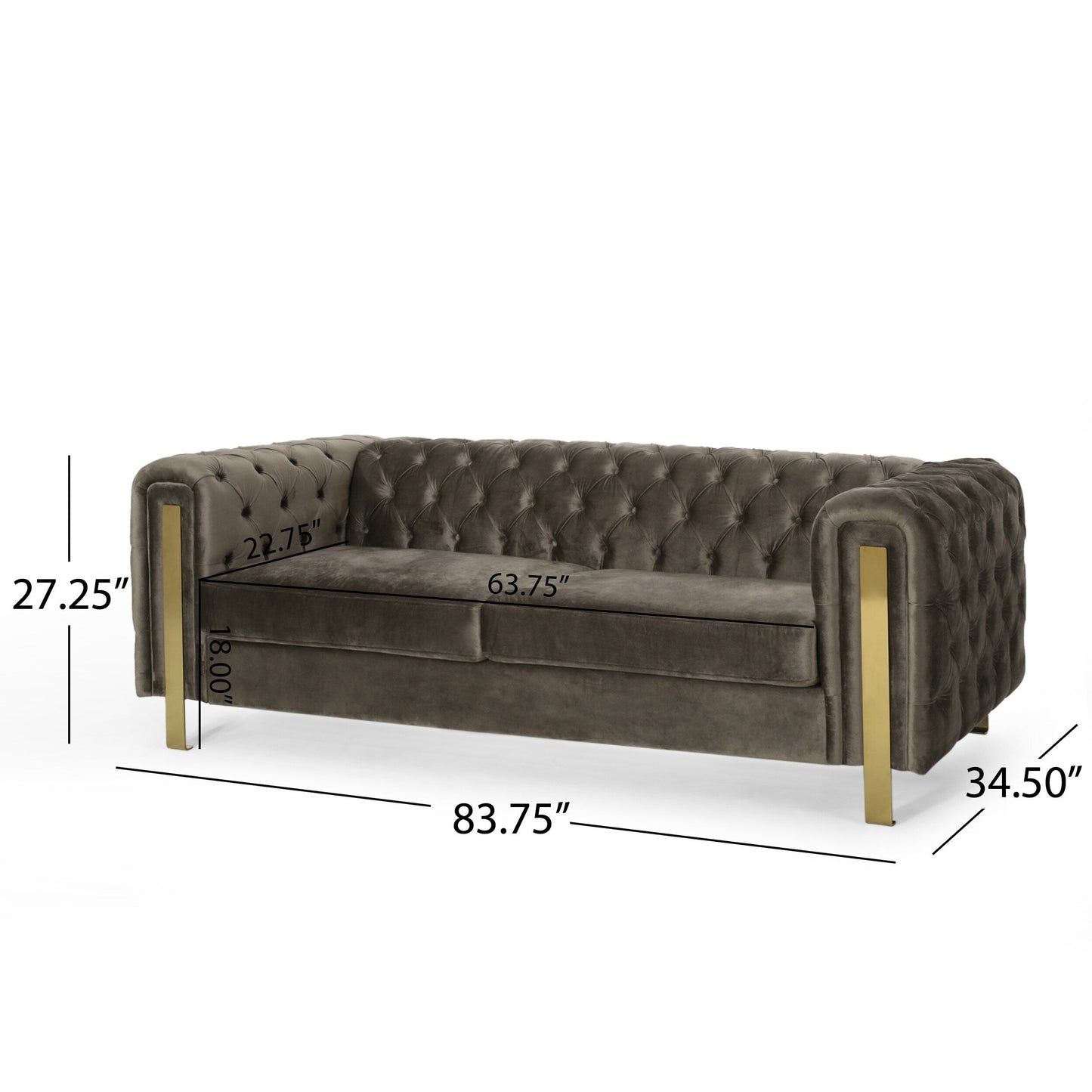 83.75 Velvet 3-Seater Sofa with Tufted Diamond Stitching, Gold Accents, and Iron Legs