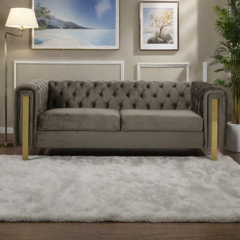 83.75 Velvet 3-Seater Sofa with Tufted Diamond Stitching, Gold Accents, and Iron Legs