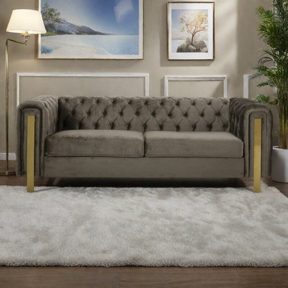 83.75 Velvet 3-Seater Sofa with Tufted Diamond Stitching, Gold Accents, and Iron Legs