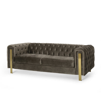 83.75 Velvet 3-Seater Sofa with Tufted Diamond Stitching, Gold Accents, and Iron Legs