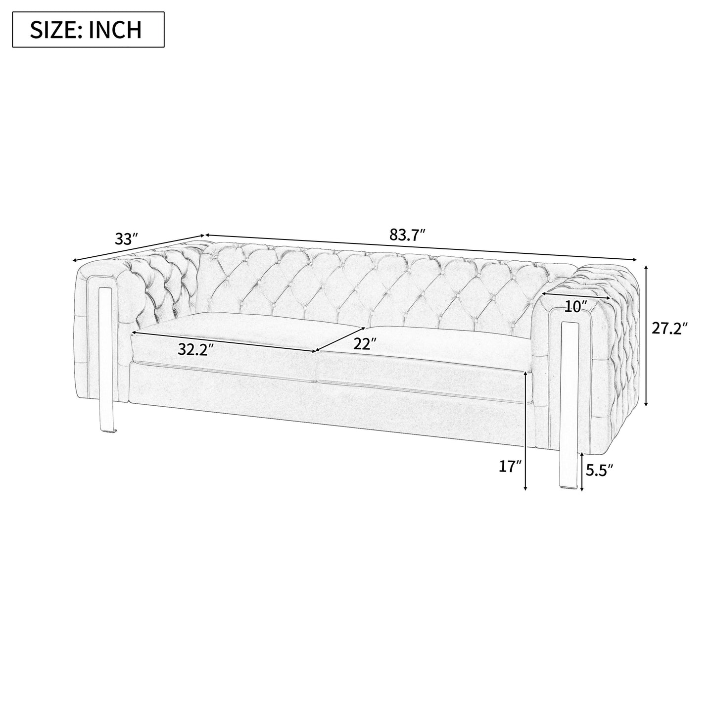 83.75 Velvet 3-Seater Sofa with Tufted Diamond Stitching, Gold Accents, and Iron Legs