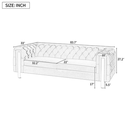 83.75 Velvet 3-Seater Sofa with Tufted Diamond Stitching, Gold Accents, and Iron Legs