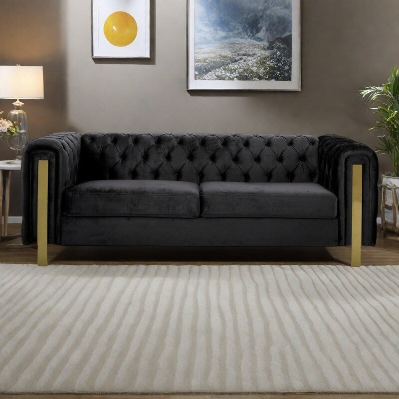 83.75 Velvet 3-Seater Sofa with Tufted Diamond Stitching, Gold Accents, and Iron Legs
