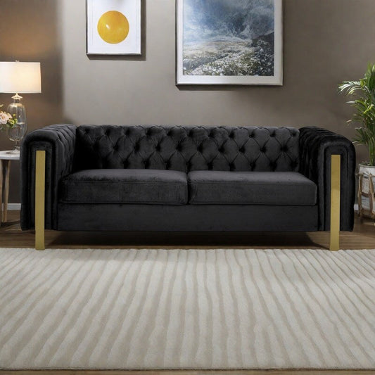 83.75 Velvet 3-Seater Sofa with Tufted Diamond Stitching, Gold Accents, and Iron Legs