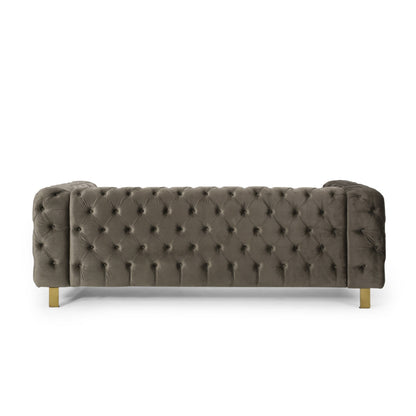 83.75 Velvet 3-Seater Sofa with Tufted Diamond Stitching, Gold Accents, and Iron Legs