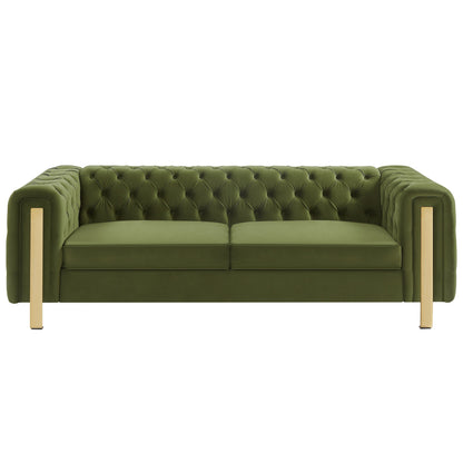 83.75 Velvet 3-Seater Sofa with Tufted Diamond Stitching, Gold Accents, and Iron Legs