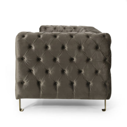 83.75 Velvet 3-Seater Sofa with Tufted Diamond Stitching, Gold Accents, and Iron Legs