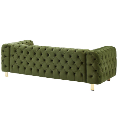 83.75 Velvet 3-Seater Sofa with Tufted Diamond Stitching, Gold Accents, and Iron Legs