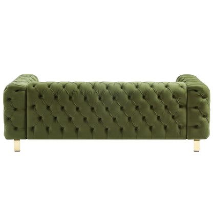 83.75 Velvet 3-Seater Sofa with Tufted Diamond Stitching, Gold Accents, and Iron Legs