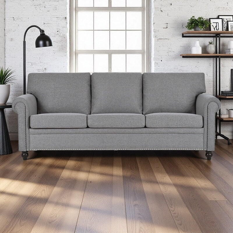83.86 Fabric Roll-Arm 3-Seater Sofa with Pocket Spring Seat, PP Foam Backrest, and Solid Wood Frame