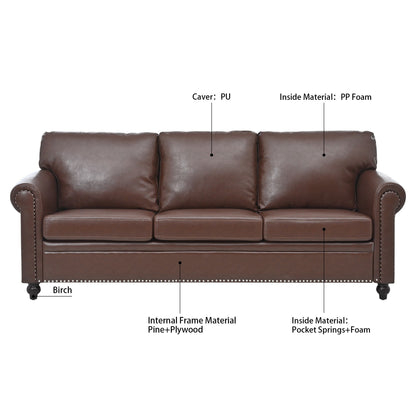 83.86 Fabric Roll-Arm 3-Seater Sofa with Pocket Spring Seat, PP Foam Backrest, and Solid Wood Frame