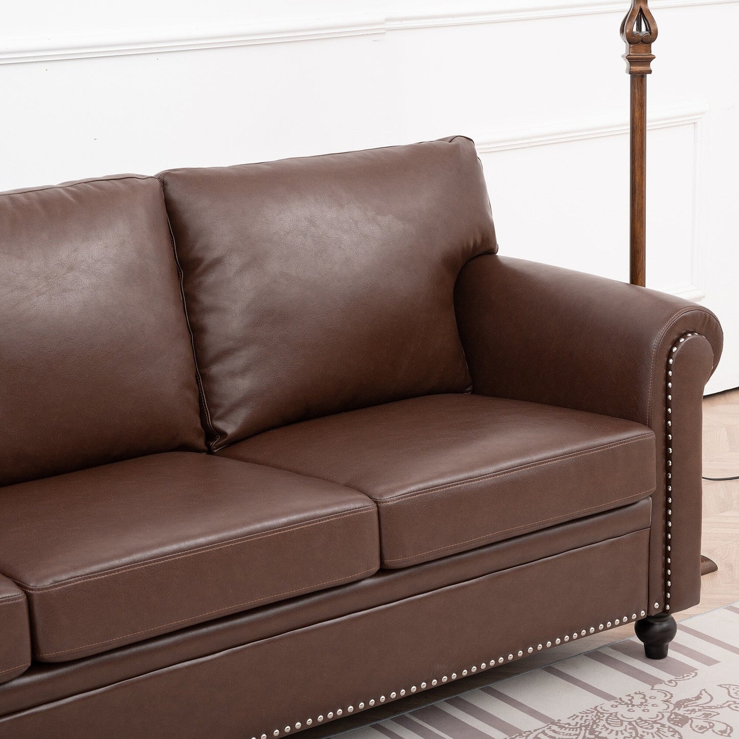 83.86 Fabric Roll-Arm 3-Seater Sofa with Pocket Spring Seat, PP Foam Backrest, and Solid Wood Frame