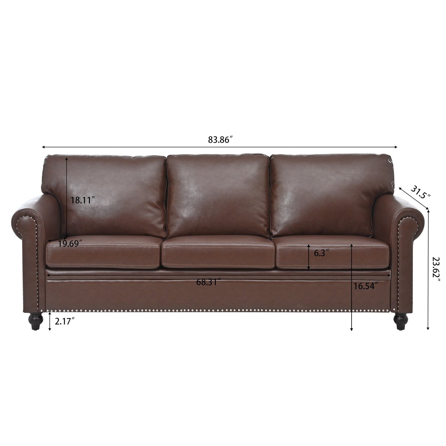 83.86 Upholstered 3-seater Sofa with Nailheads and Birch Feet for Living Room