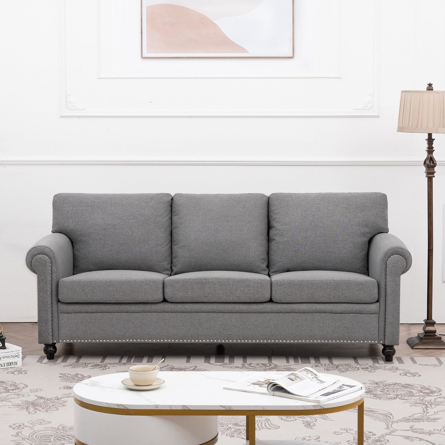 83.86 Upholstered 3-seater Sofa with Nailheads and Birch Feet for Living Room