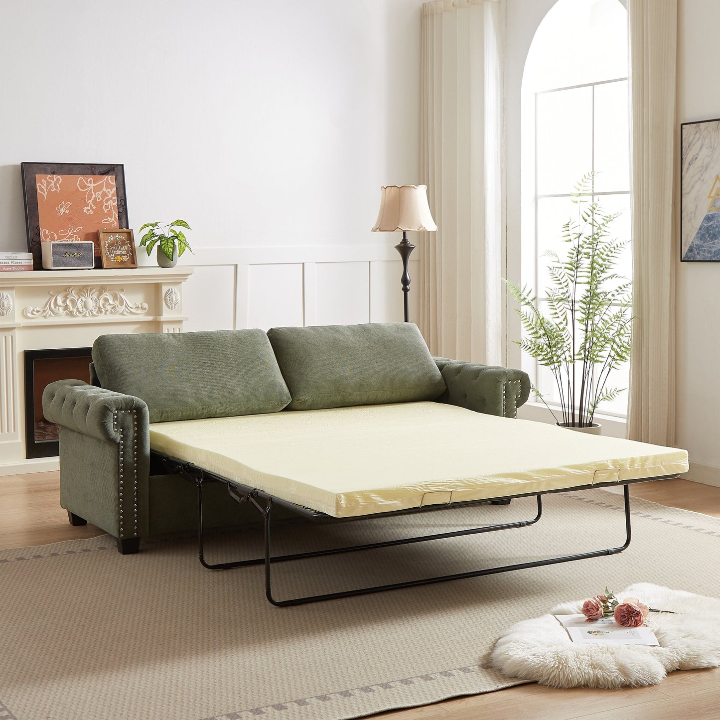 83.8 2-in-1 Polyester 3-seater Nailheads Convertible Pullout Sofa Bed with Folding Mattress for Living Room