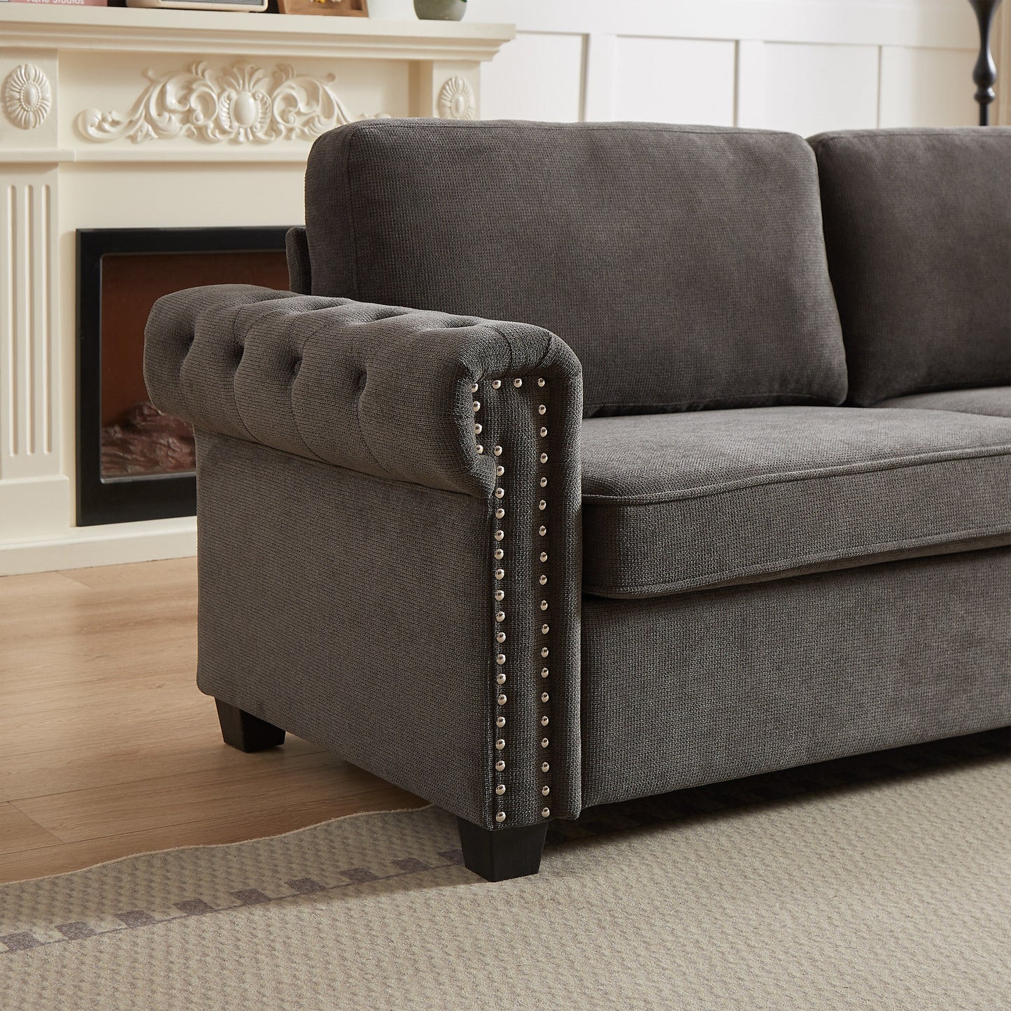 83.8 2-in-1 Polyester 3-seater Nailheads Convertible Pullout Sofa Bed with Folding Mattress for Living Room