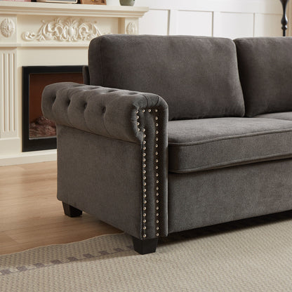 83.8 2-in-1 Polyester 3-seater Nailheads Convertible Pullout Sofa Bed with Folding Mattress for Living Room