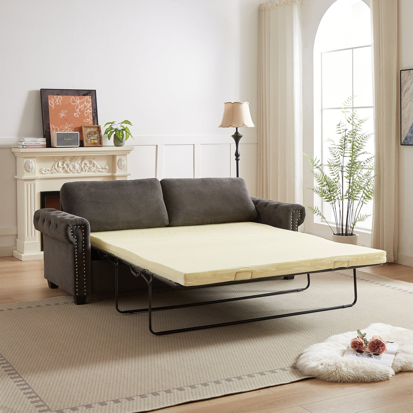 83.8 2-in-1 Polyester 3-seater Nailheads Convertible Pullout Sofa Bed with Folding Mattress for Living Room