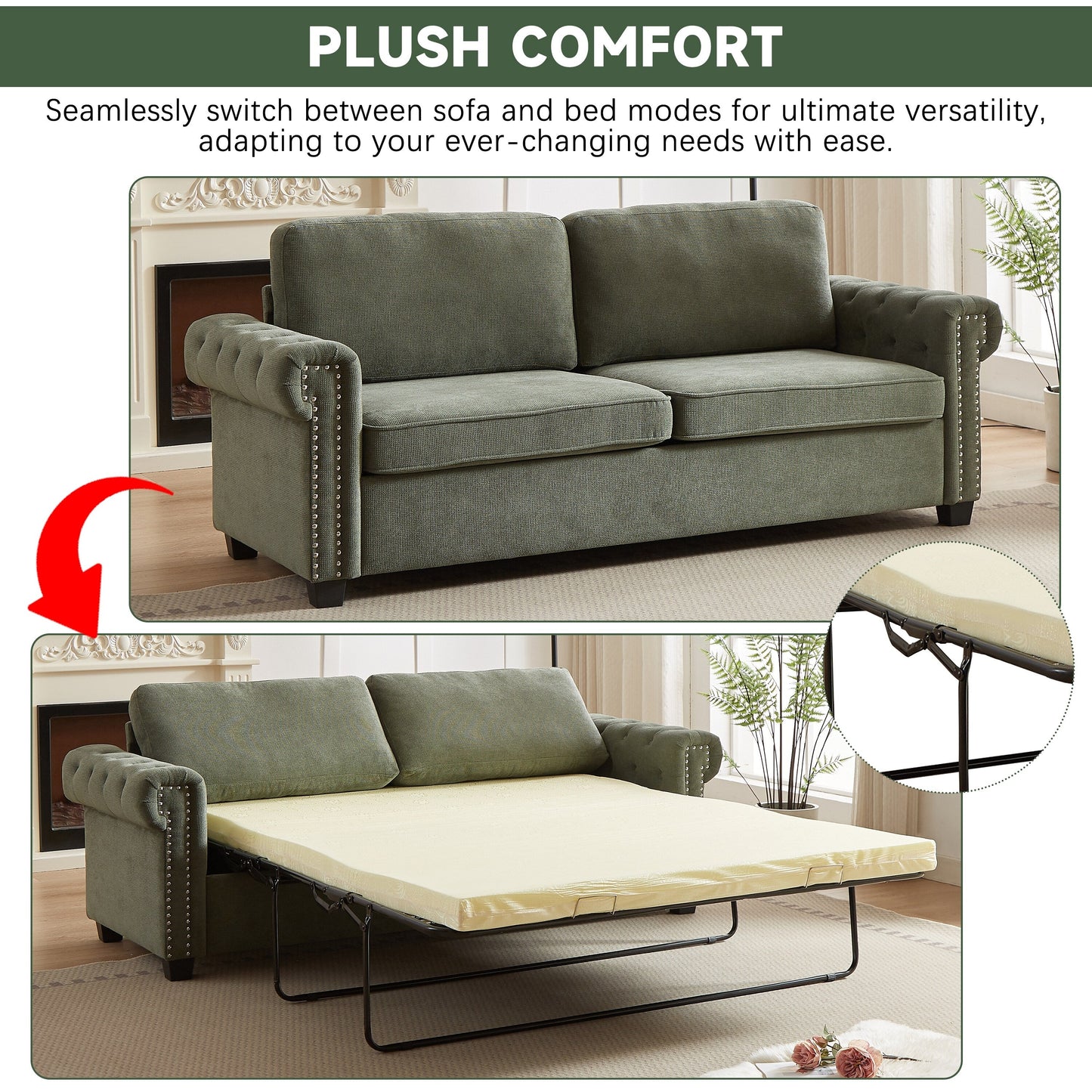 83.8 2-in-1 Polyester 3-seater Nailheads Convertible Pullout Sofa Bed with Folding Mattress for Living Room